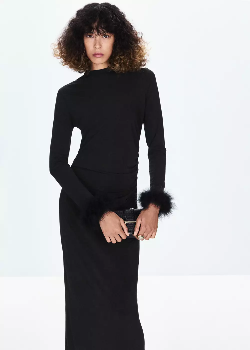 Robe midi à poignets ornés de plumes, MANGO