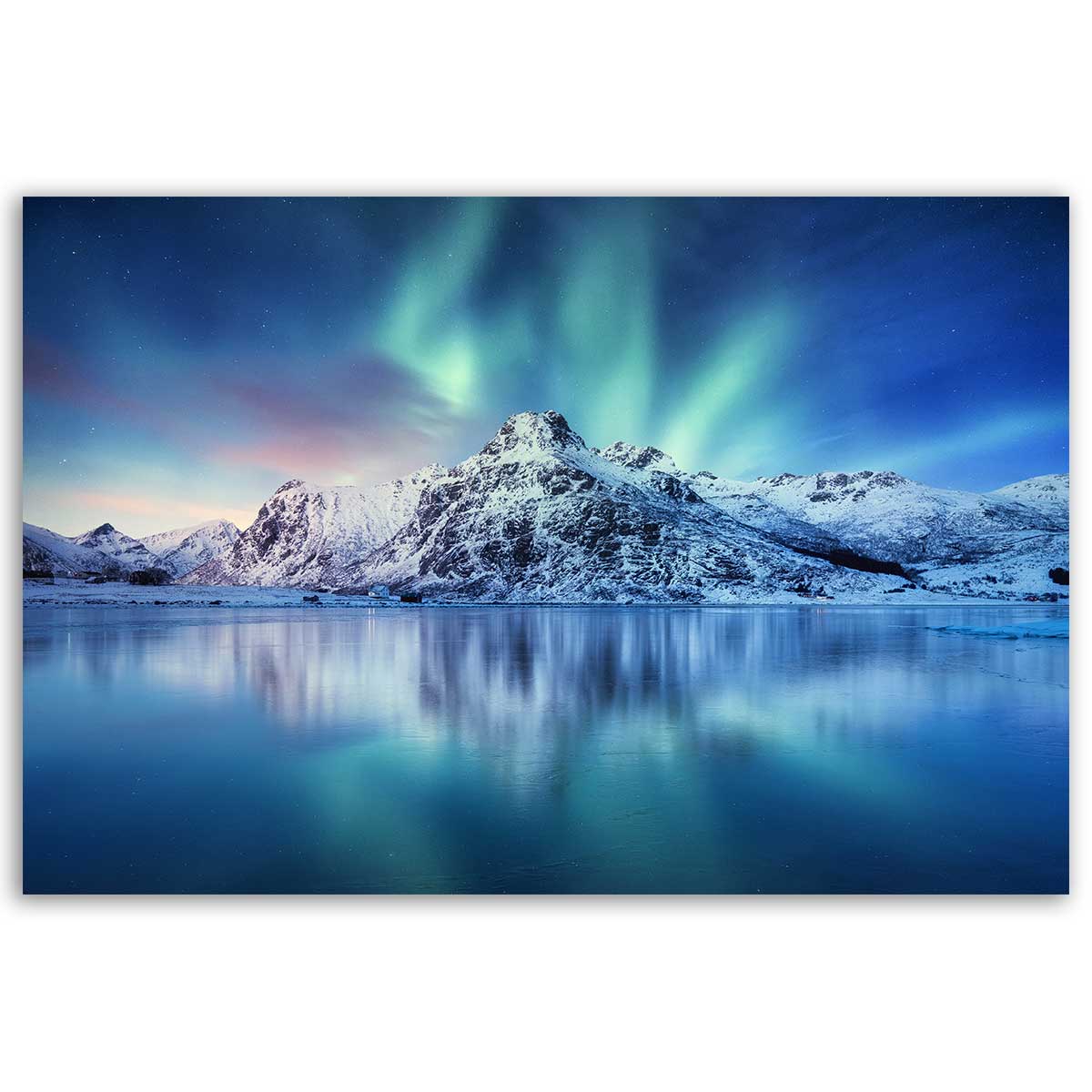 Tableau aurores boréales sur lac de montagne gelé, HEXOA