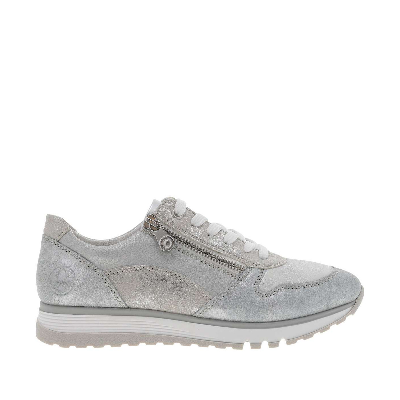 Baskets running en cuir argenté à talon plat avec des lacets et un zip latéral, RIEKER