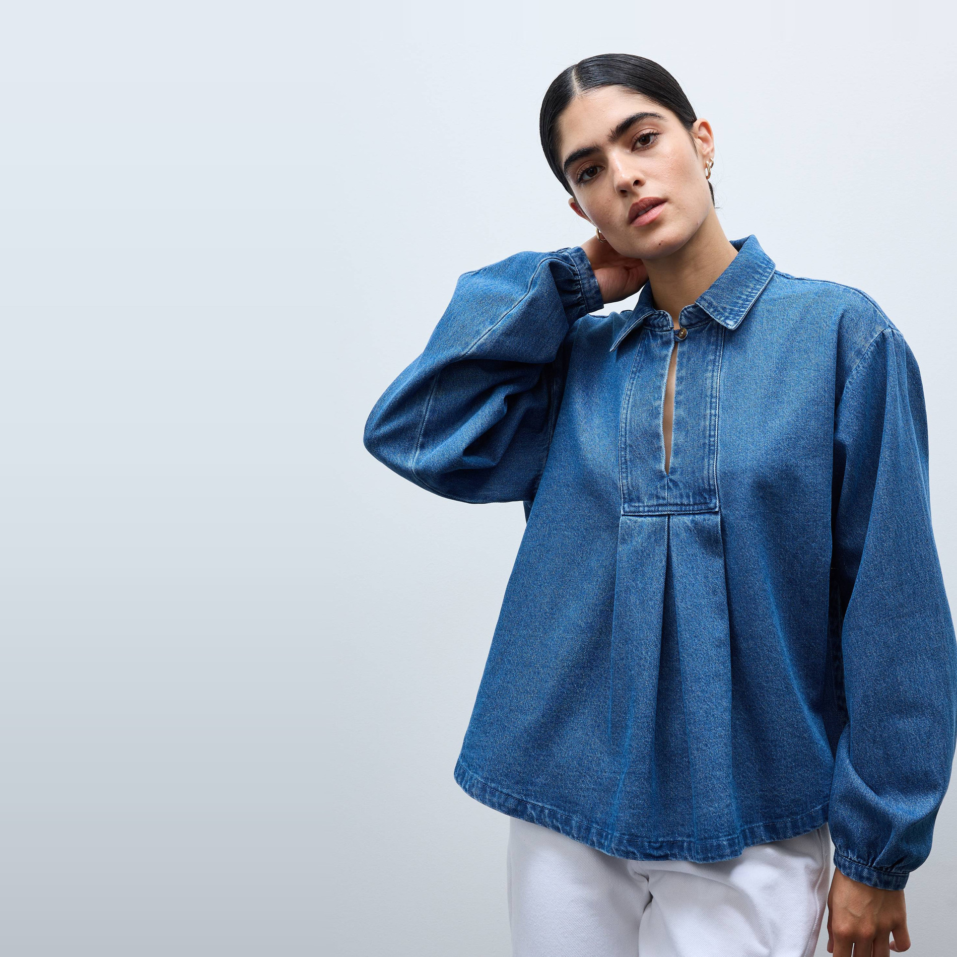 Blouse manches longues unie en jean en coton BIO GOTS, MONOPRIX