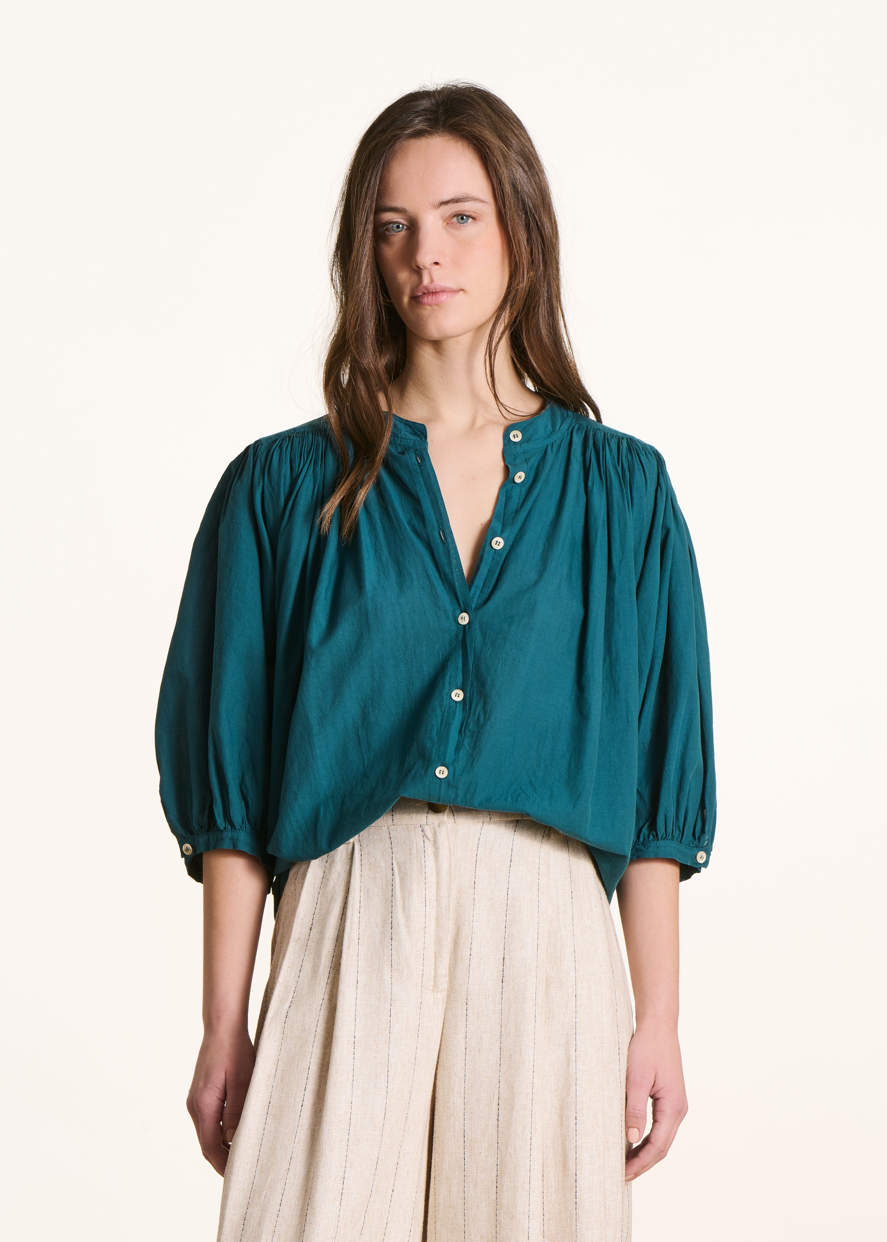 Chemisier uni en coton manches 3/4, LA FEE MARABOUTEE