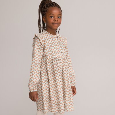 Floral Cotton Ruffled Dress with Long Sleeves LA REDOUTE COLLECTIONS