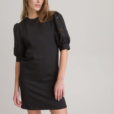 Mini Sweatshirt Dress in Cotton Mix with Embroidered Puff Sleeves LA REDOUTE COLLECTIONS