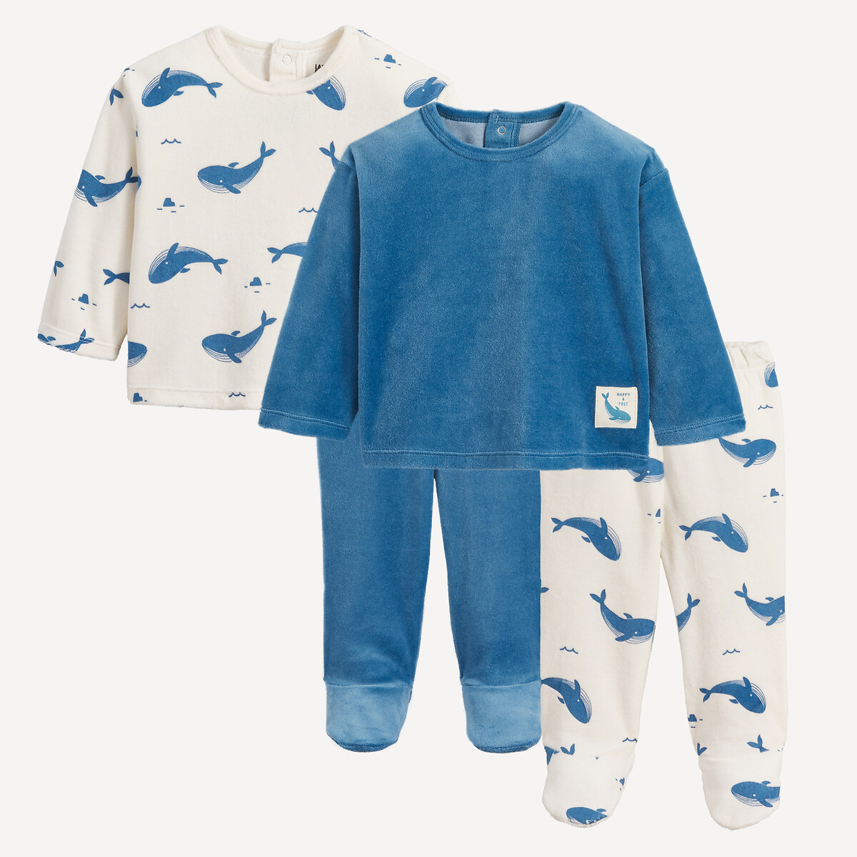Lot de 2 pyjamas 2 pièces, avec pieds, en velours, motif baleines, LA REDOUTE COLLECTIONS