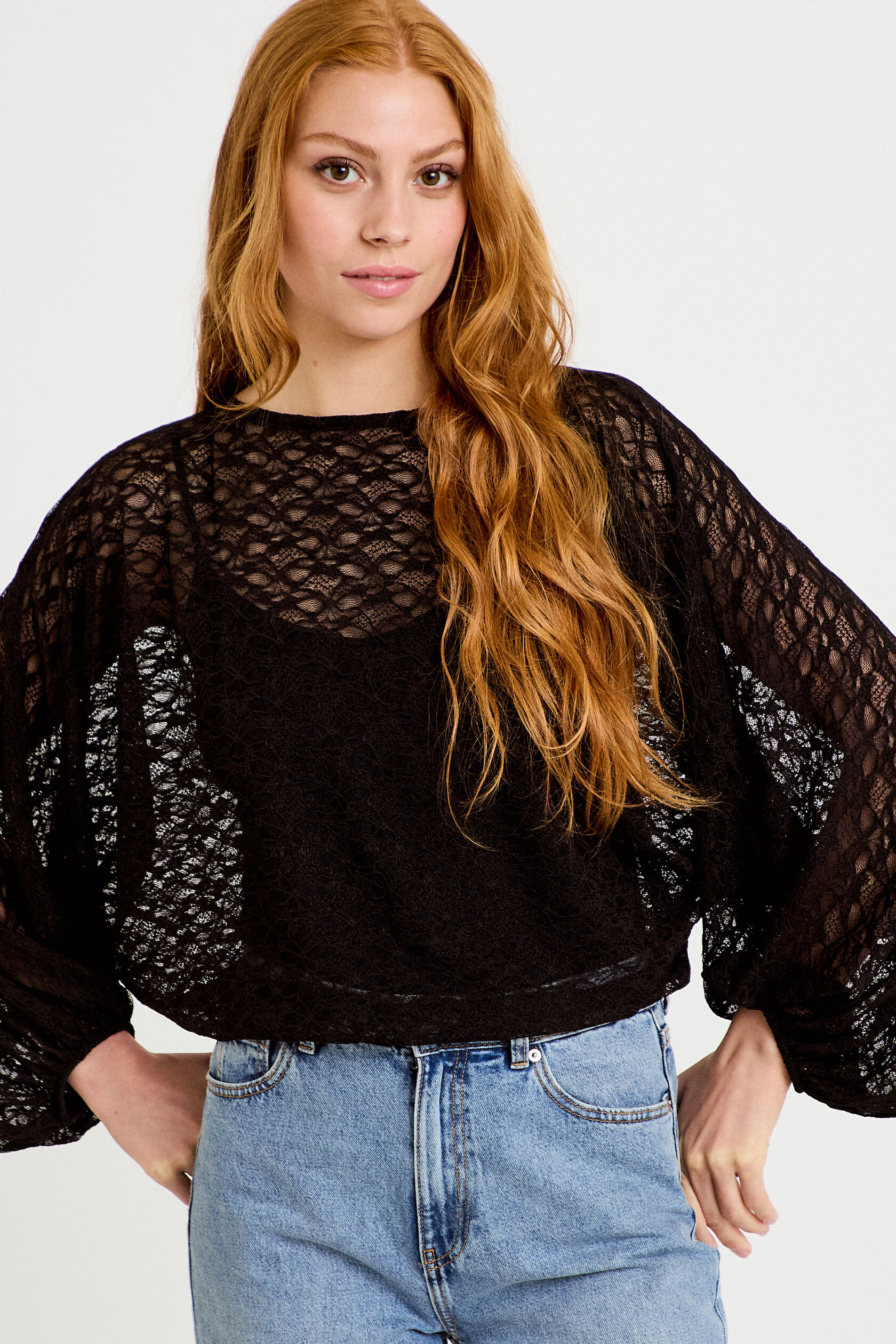 Blouse dentelle col rond manches longues, CACHE CACHE