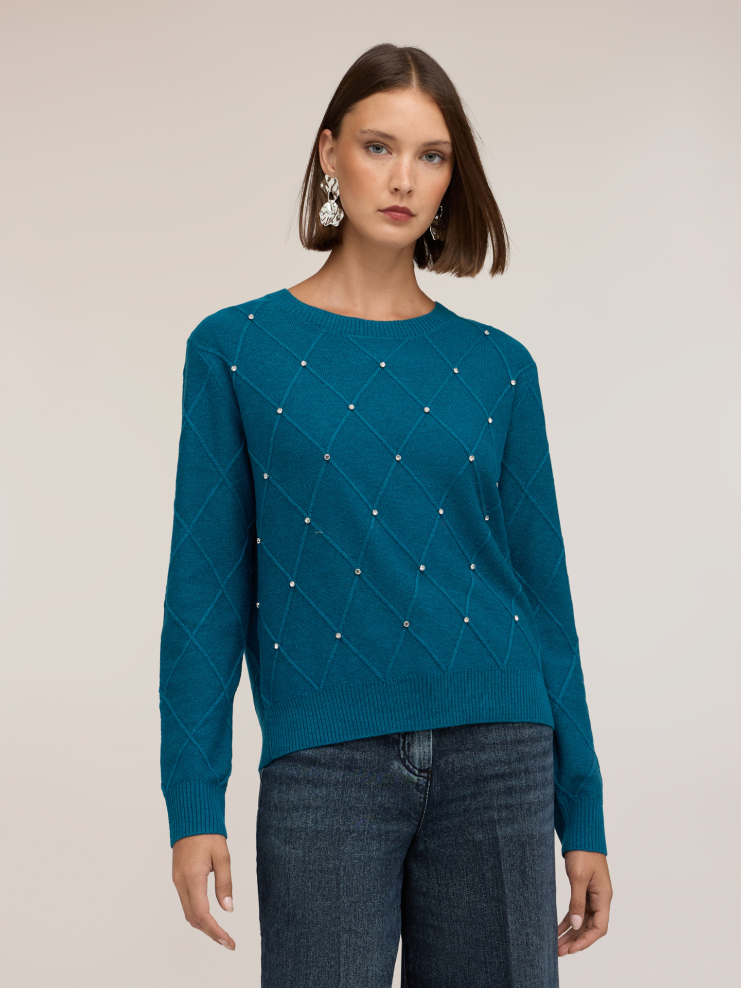 Pull en tricot à motif losanges avec pierres crystal, MOTIVI