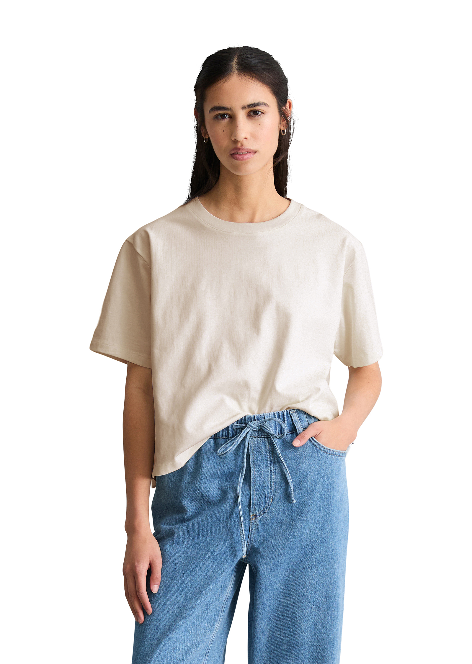 T-shirt avec broderie anglaise relaxed en mélange de matériaux, MARC O’POLO DENIM