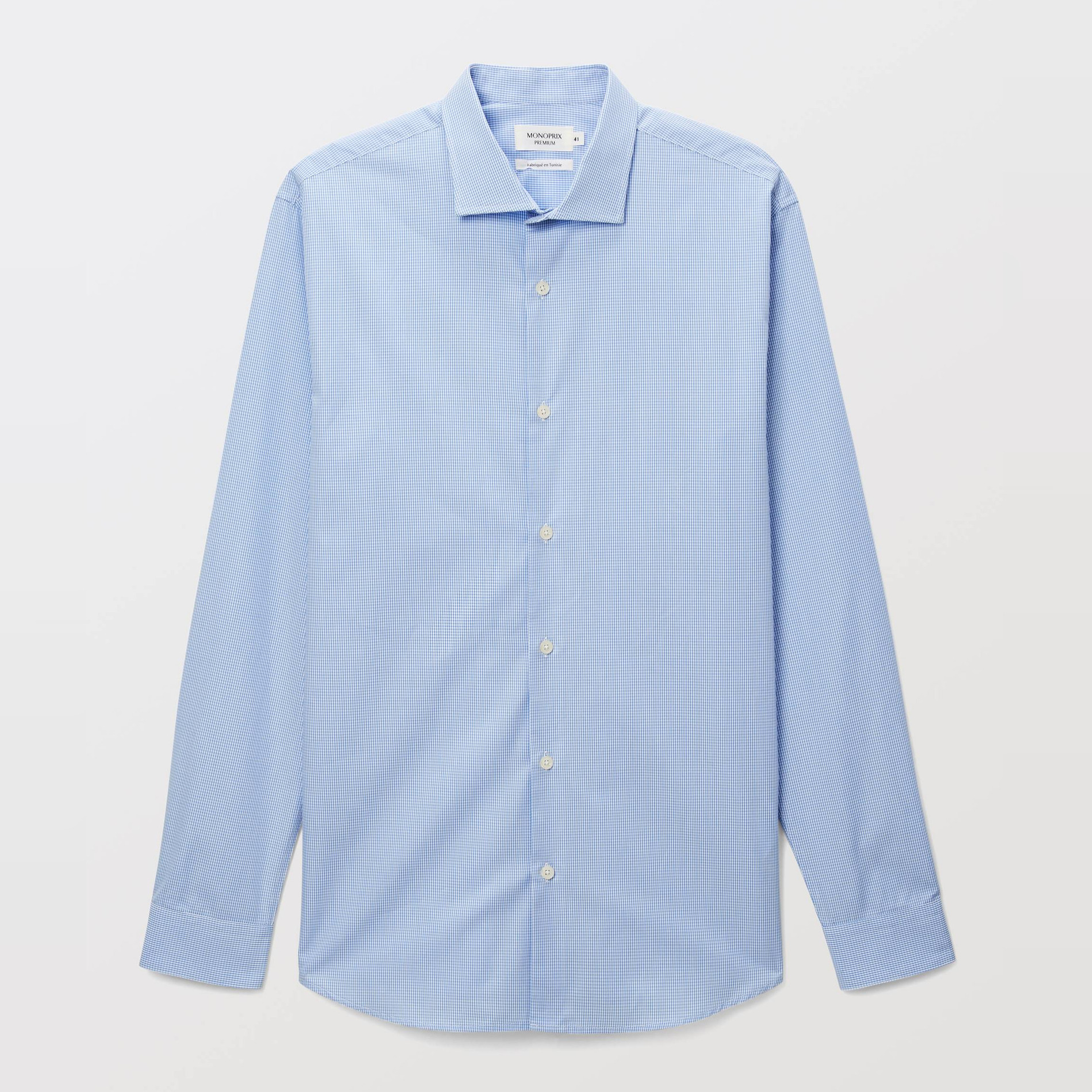 Chemise ville col italien à carreaux en coton, MONOPRIX