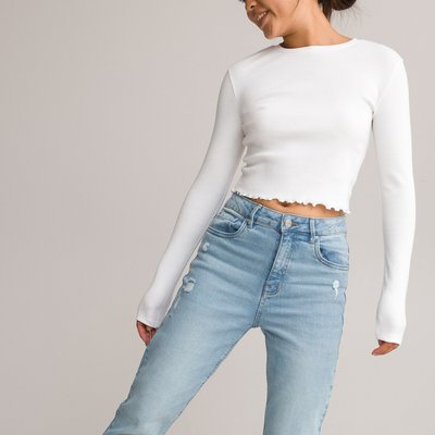 Ribbed Cotton Cropped T-Shirt with Long Sleeves LA REDOUTE COLLECTIONS