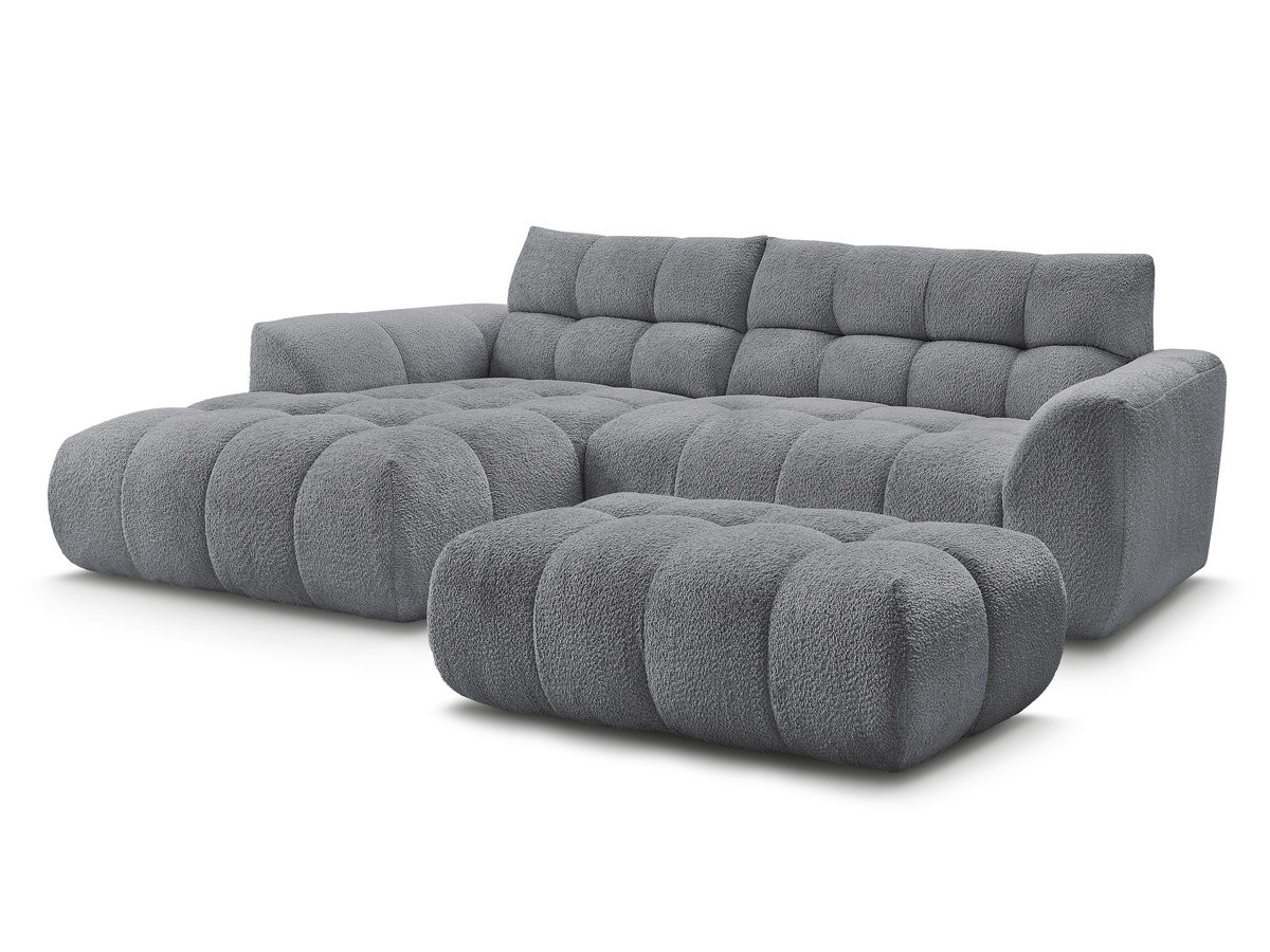 Canapé d'angle fixe 3 places en tissu chenille avec pouf, JAYA, BOBOCHIC