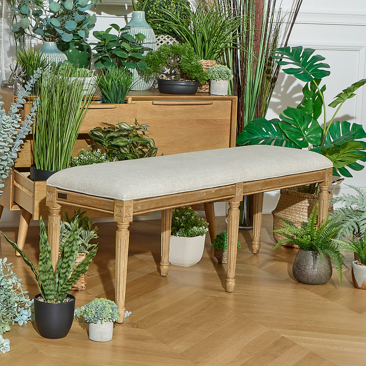 Banc style shabby chic en hévéa et lin STEPHEN, ROBIN DES BOIS