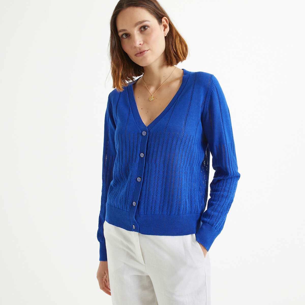 Image of Linen/Cotton Buttoned Cardigan with V-Neck