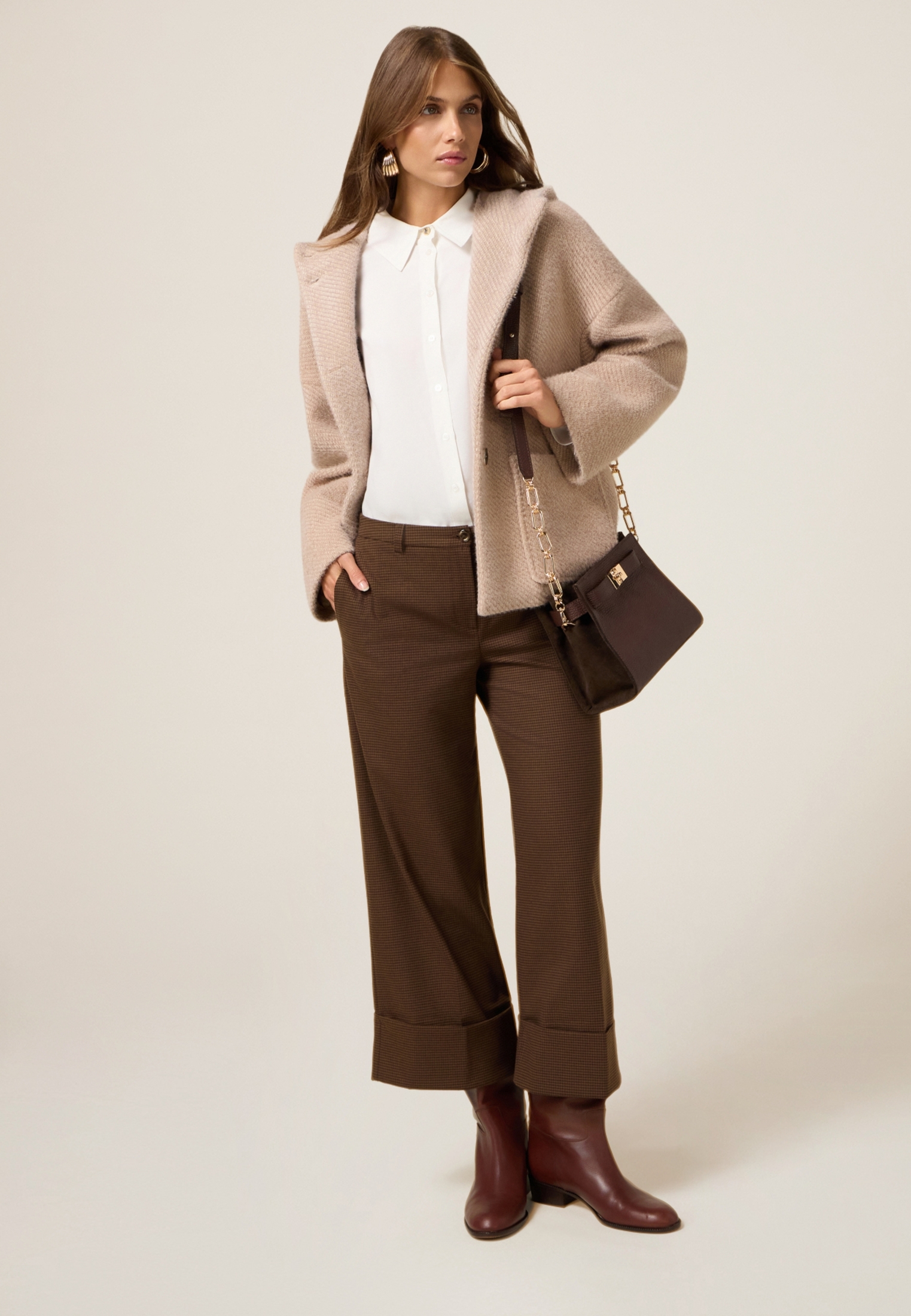 Pantalon cropped micro pied-de-poule, OLTRE