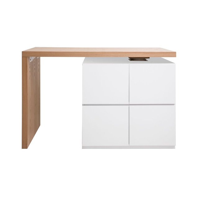 îlot - table de bar modulable avec rangement  mat et bois clair  L140-165 cm MAX Couleur blanc <span itemprop=