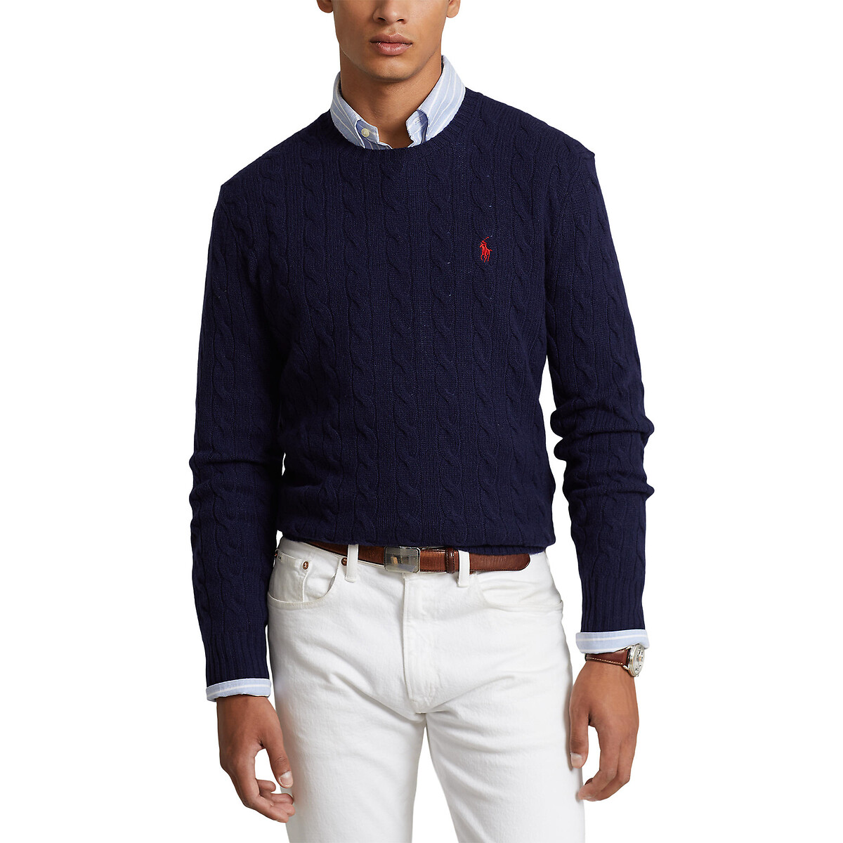 Image of Wool/Cashmere Jumper in Cable Knit with Crew Neck