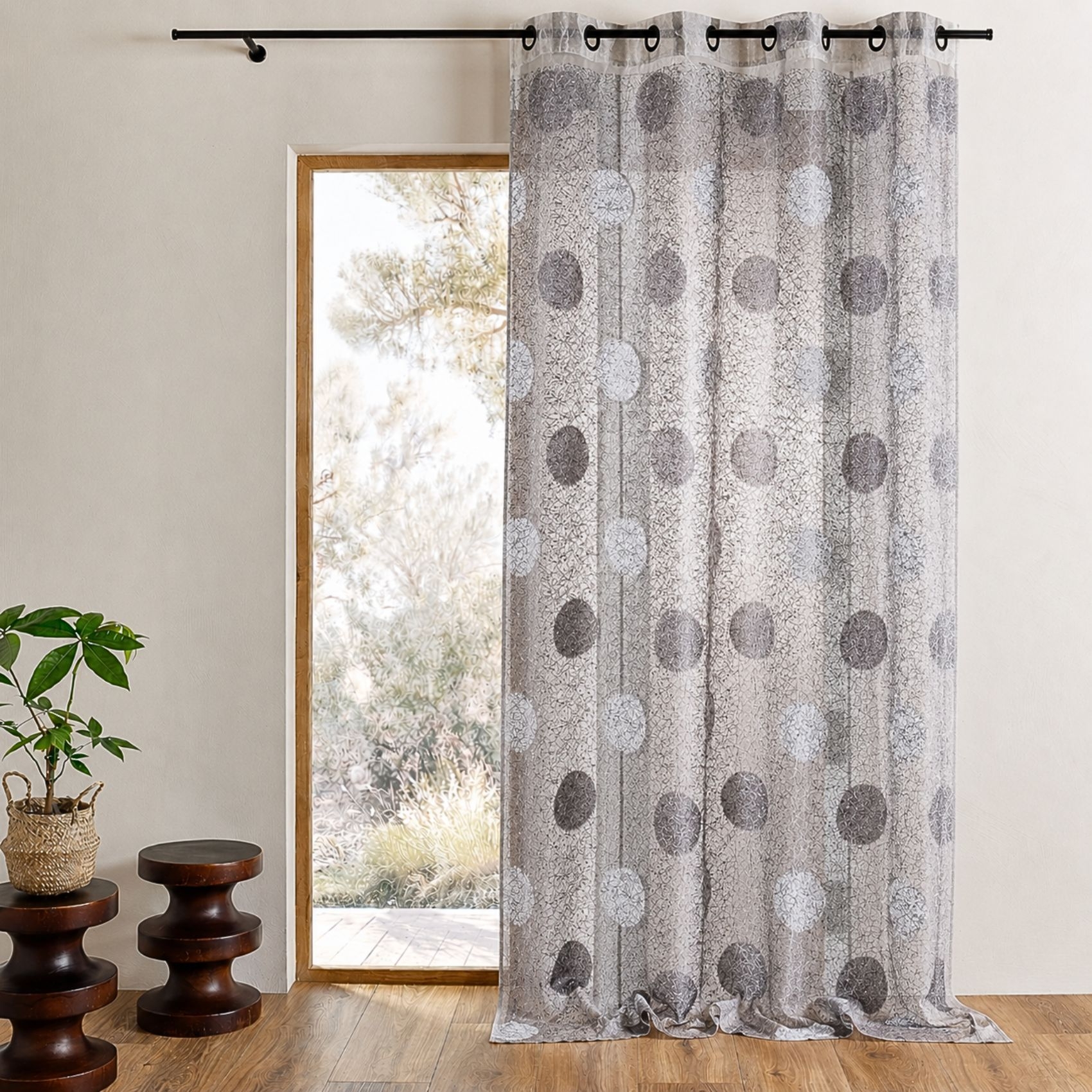 Voilage organza jacquard brodé motif gros ronds, HOME MAISON
