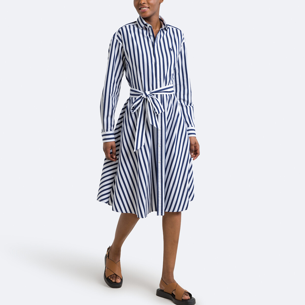 Striped Cotton Shirt Dress with Long Sleeves