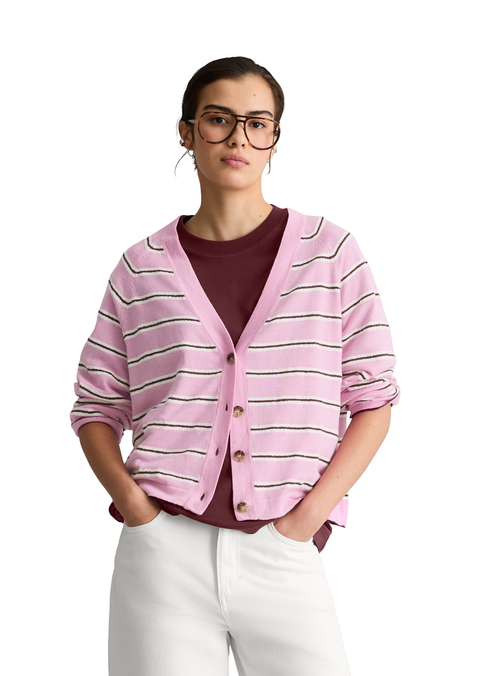Cardigan rayé regular en mélange coton-modal organique, MARC O’POLO DENIM