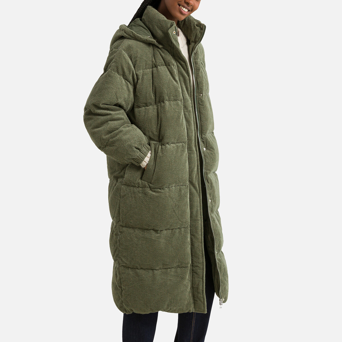 Cotton Long Padded Jacket in Corduroy with Hood