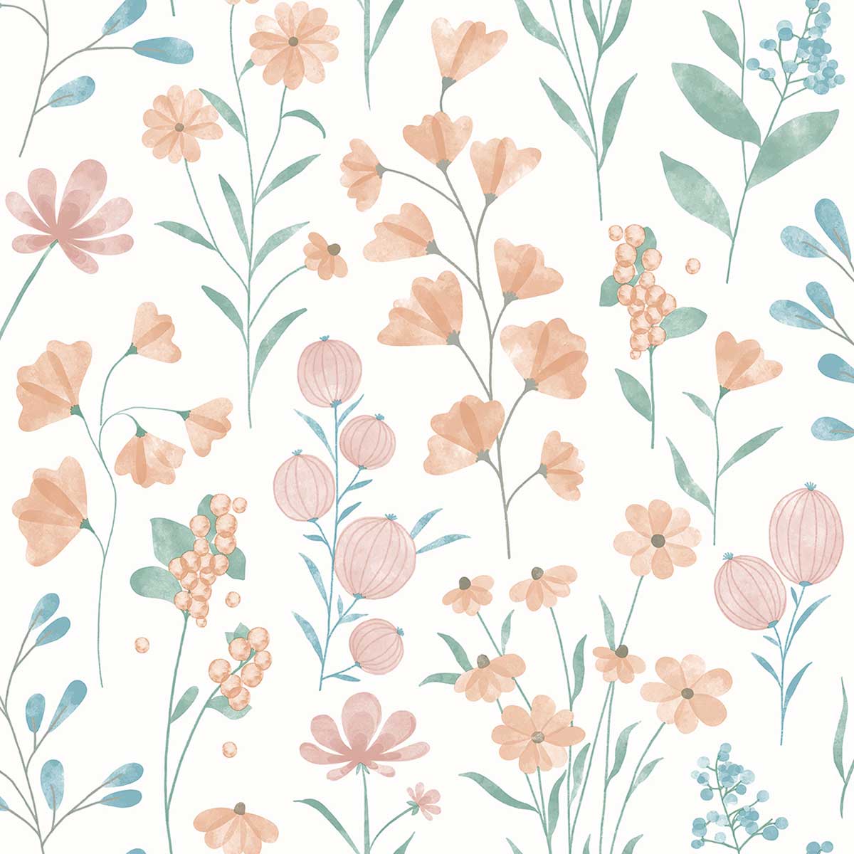Papier peint fleurs bohème pastel, HEXOA