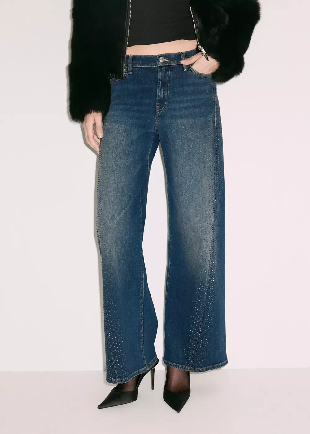 Jean wide leg avec détail strass, MANGO
