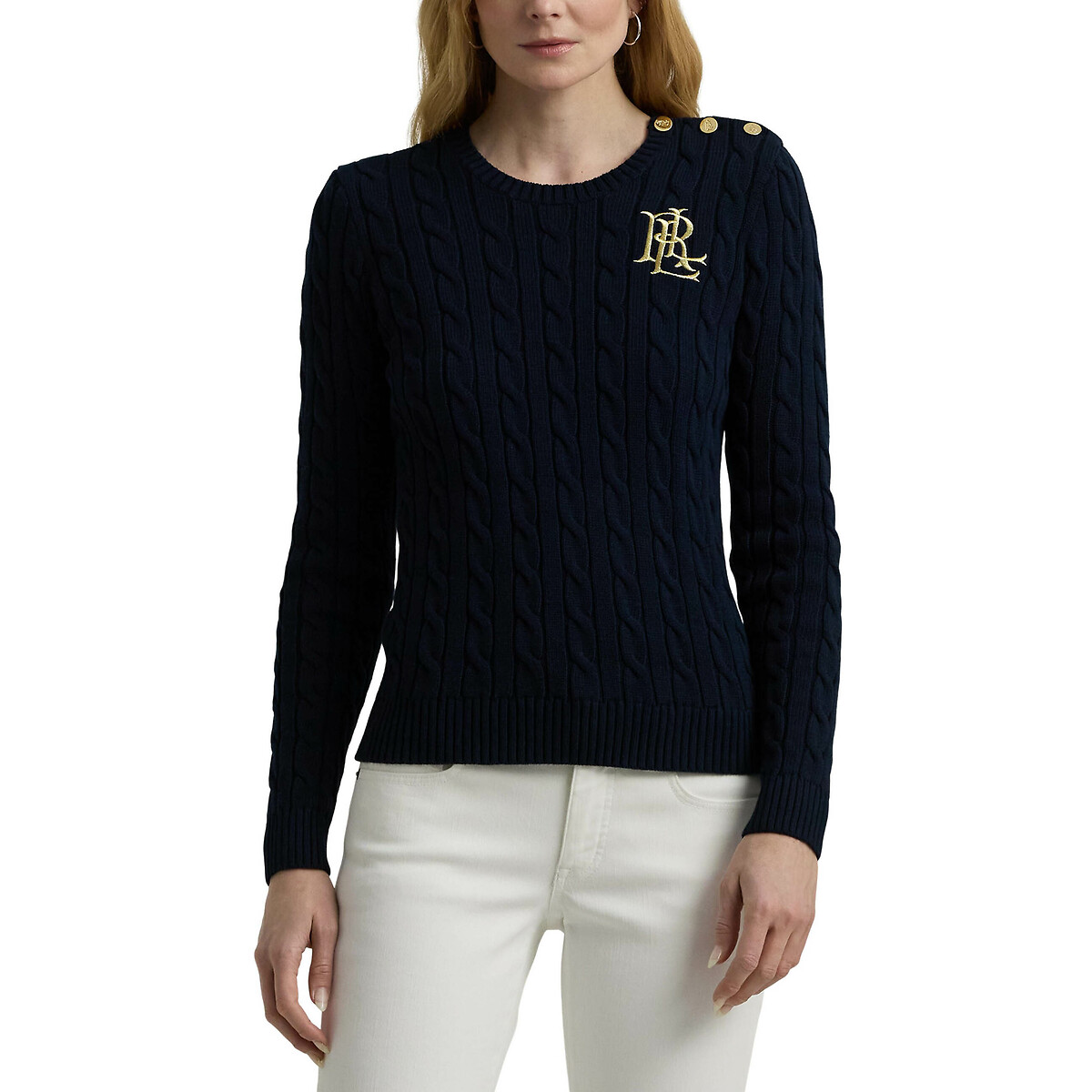 Montiva cable knit jumper with crew neck, navy blue, Lauren Ralph ...