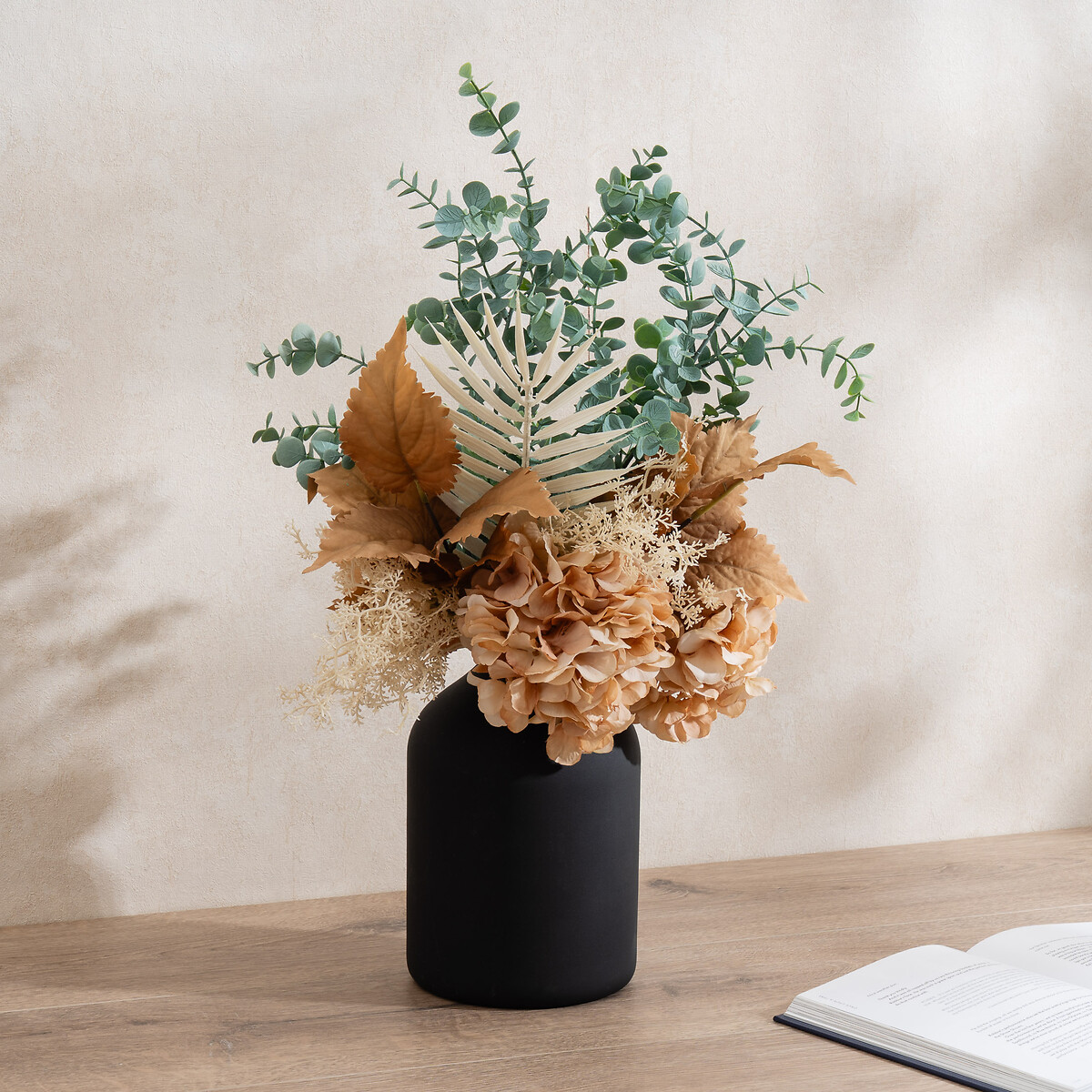 48cm Artificial Dry-Look Hydrangea and Eucalyptus Bouquet in Black Vase, SO'HOME