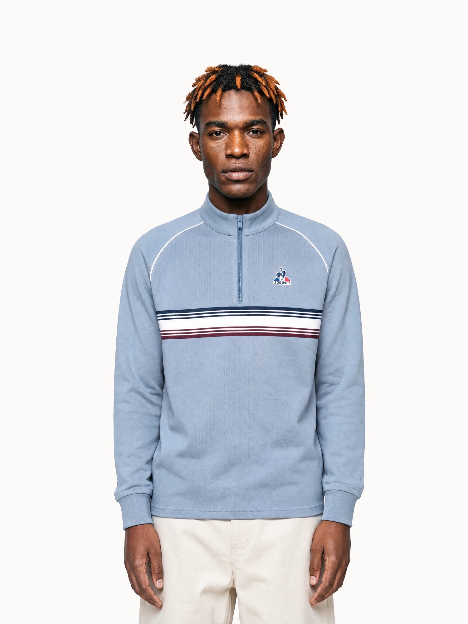 Sweat demi-zippé en double face avec bande rayée Tricolores, LE COQ SPORTIF