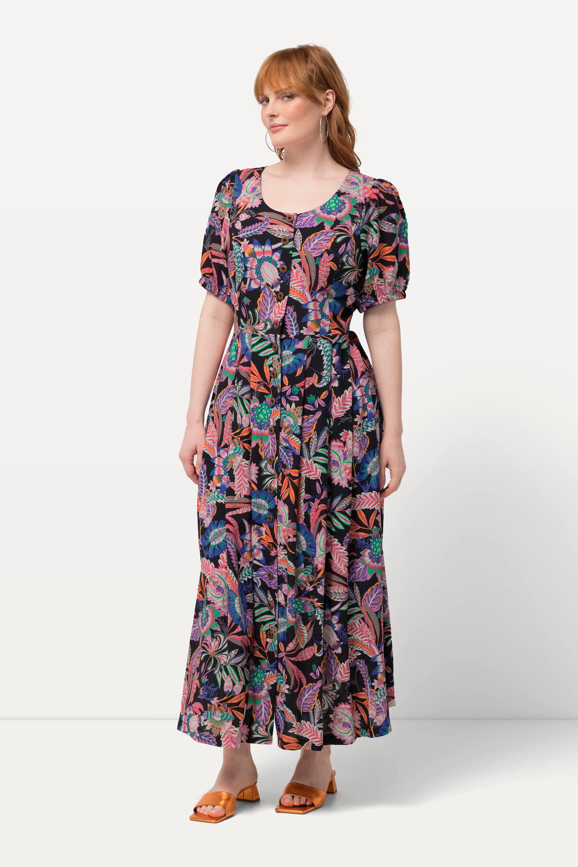 Robe, feuilles, mélange de lin, col rond, ULLA POPKEN