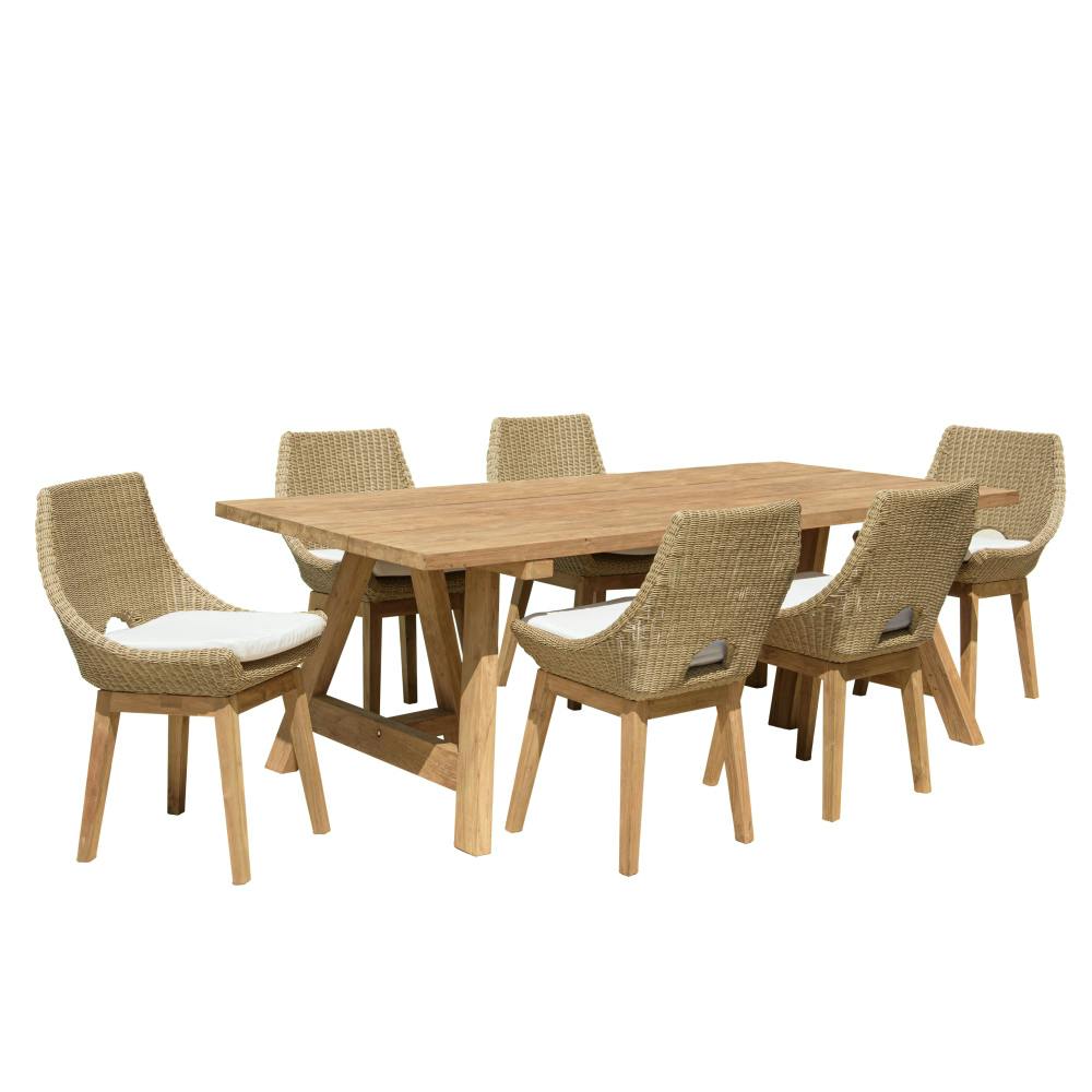 Salon de jardin teck naturel 1 table pieds tréteaux 220 cm + 6 chaises résine tressée MANY, PIER IMPORT