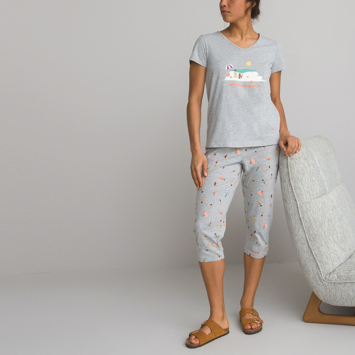 Cotton Cropped Pyjamas in Swimmer Print