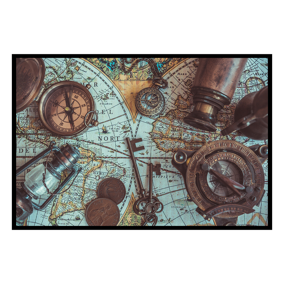 Affiche encadrée Scène vintage sur carte du monde ancienne, HEXOA
