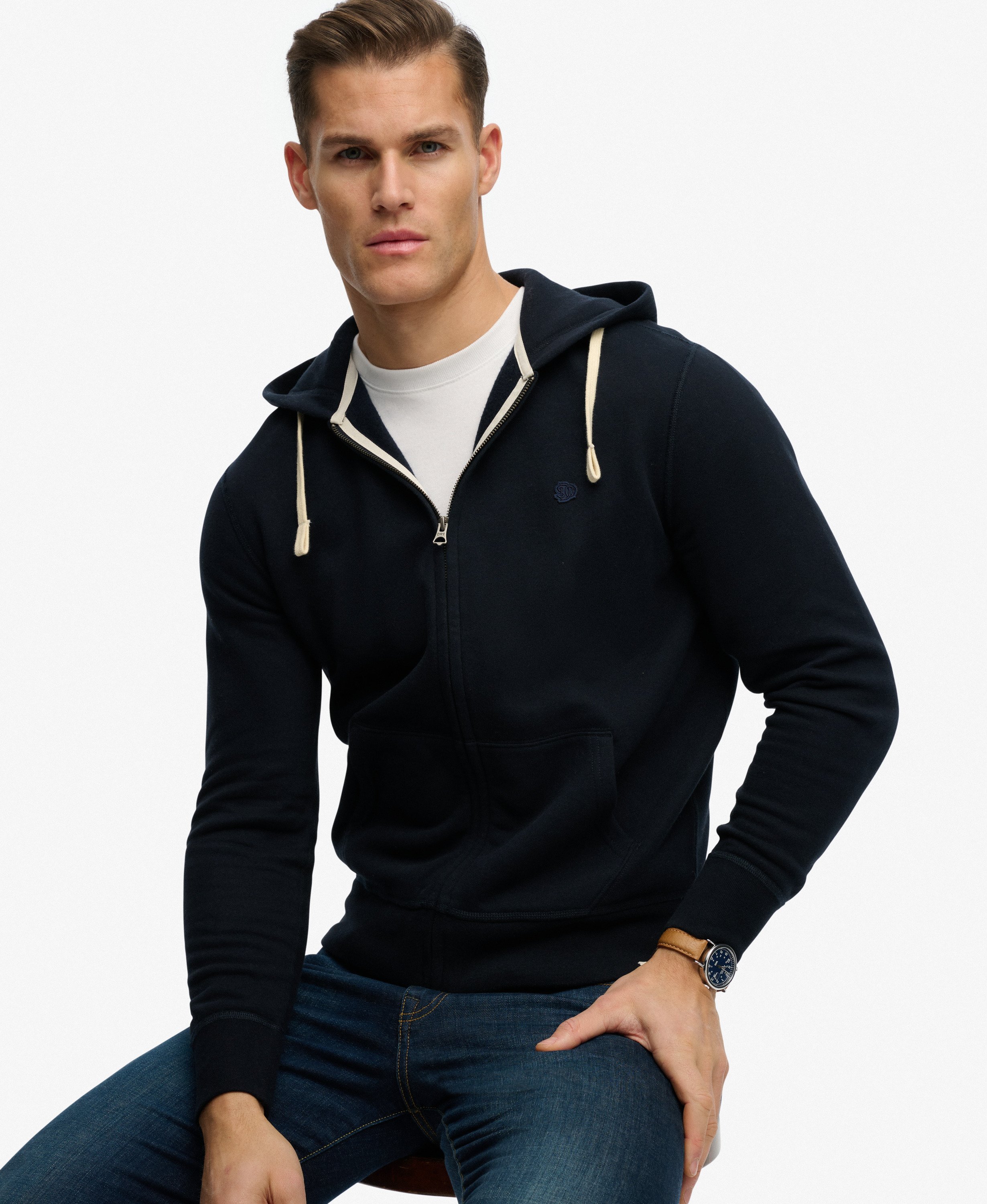 Sweat à capuche zippé Monogram brodé, SUPERDRY