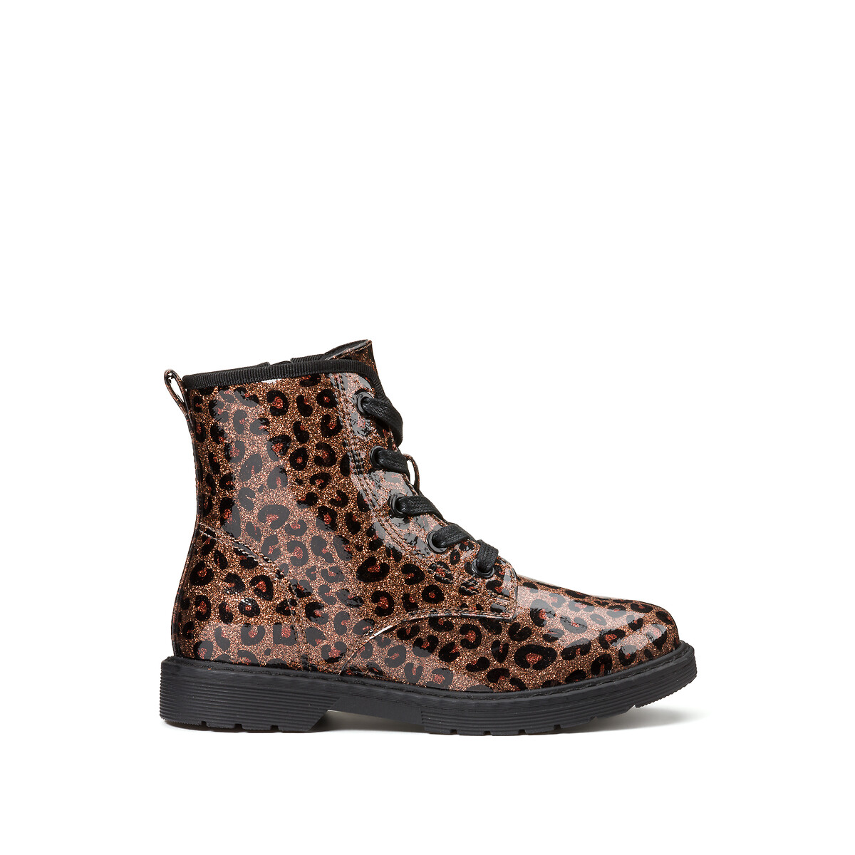 Kids Lace-Up Ankle Boots in Leopard Print with Zip Fastening