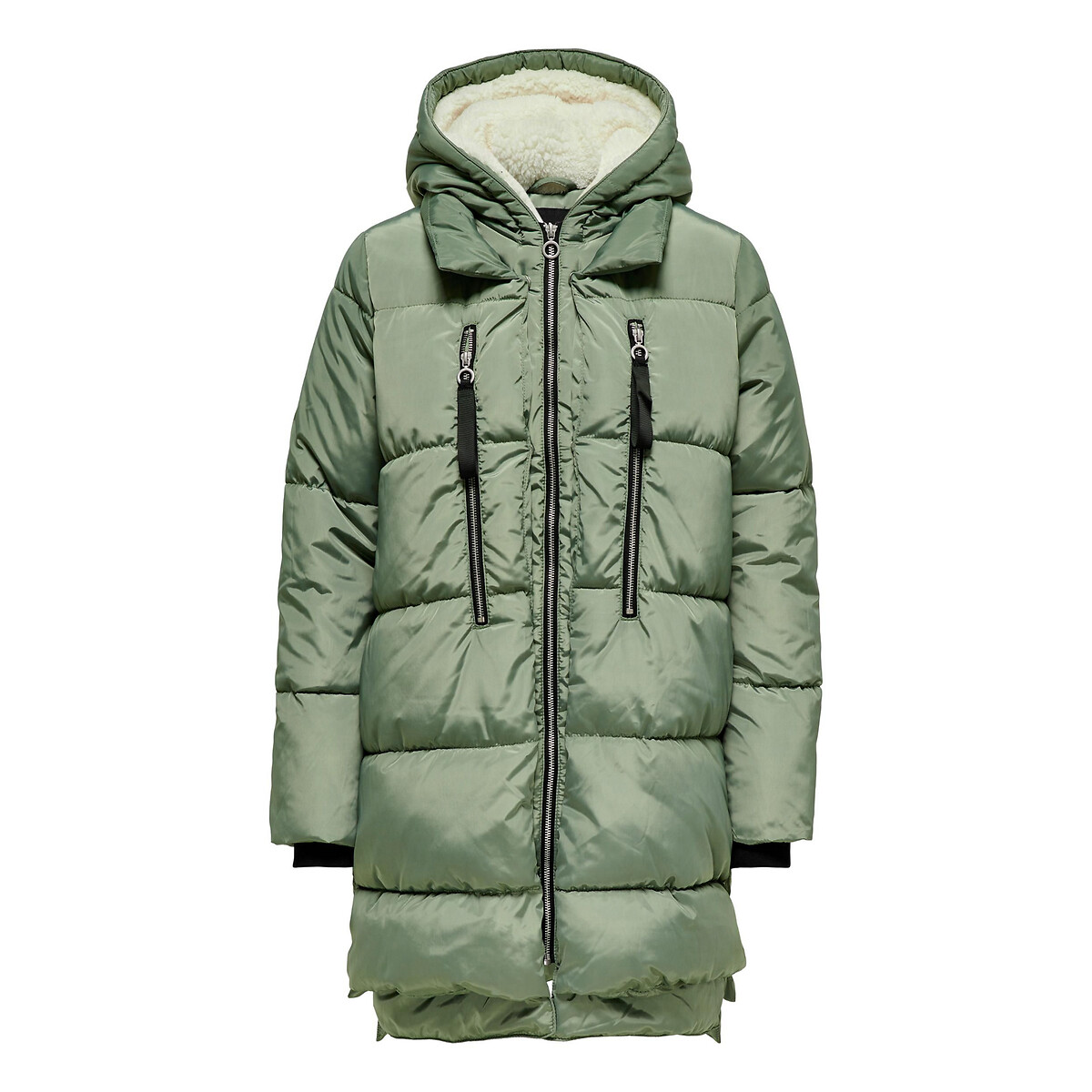 Long winter padded jacket with hood, green, Only Petite | La Redoute