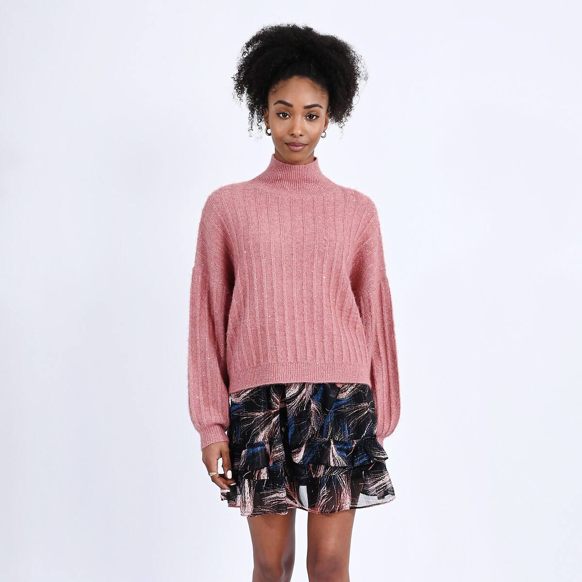 Turtleneck balloon sleeve jumper pink Molly Bracken La Redoute