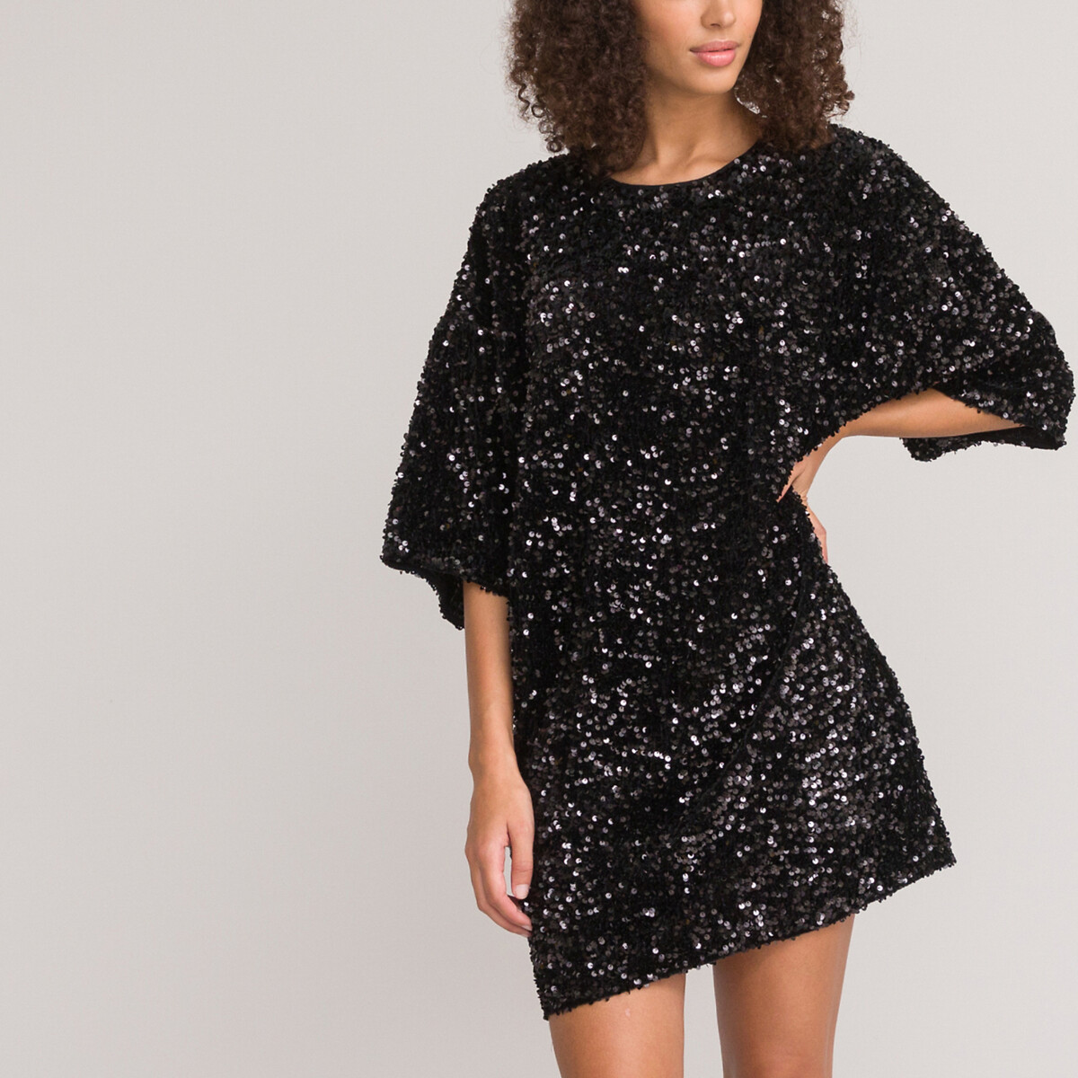 Sequin Mini Dress with 3/4 Length Sleeves and Crew Neck