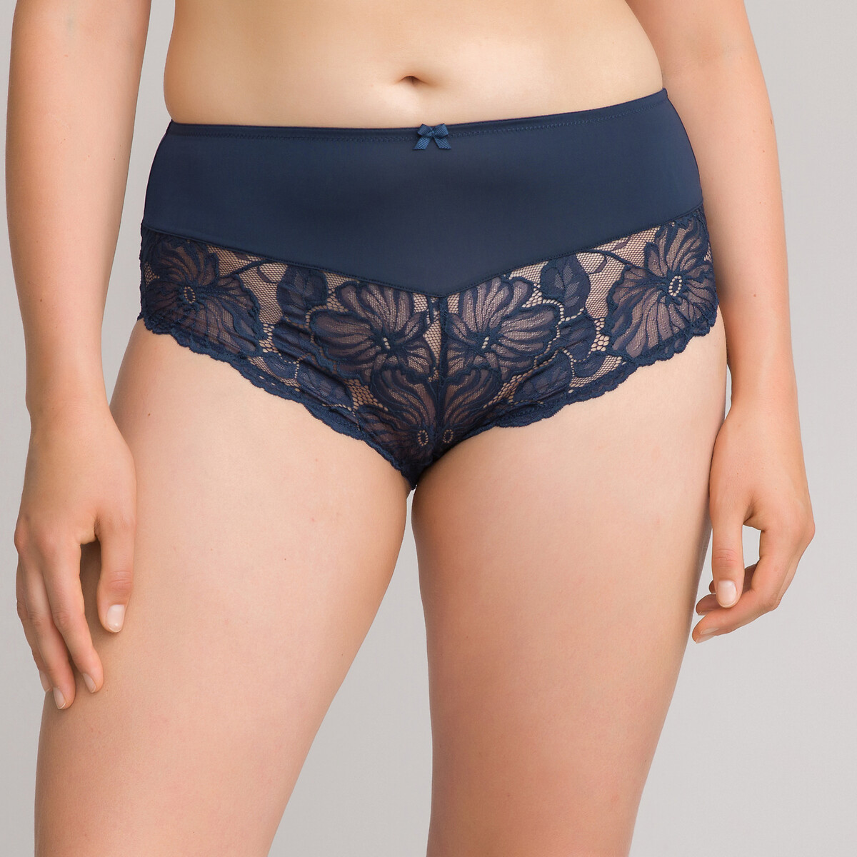 Navy  Polyester Satin French Knickers 14/16  with Cream  Lace 