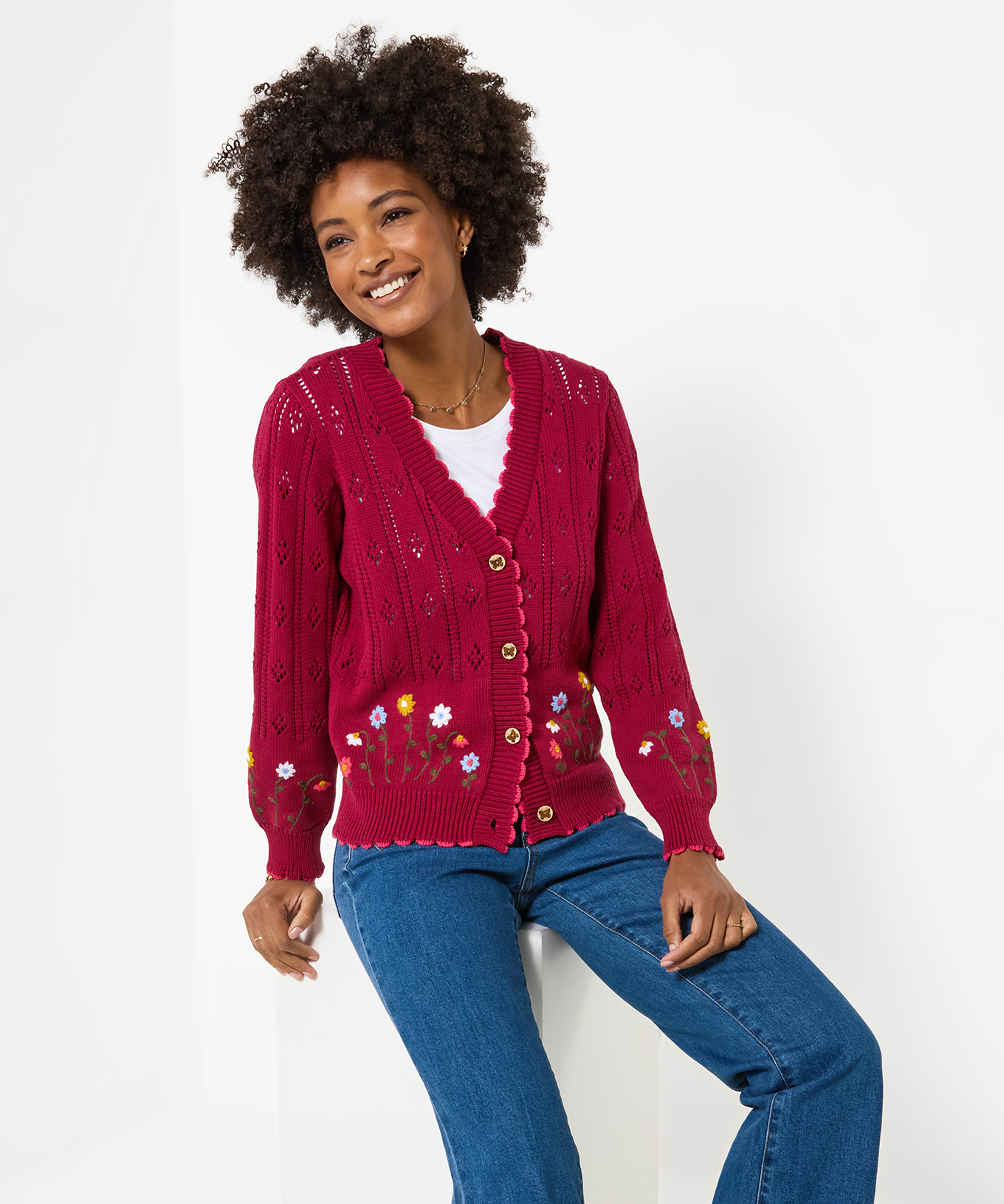 Adorable Cardigan en Maille Ajourée Brodé Fleuri, JOE BROWNS