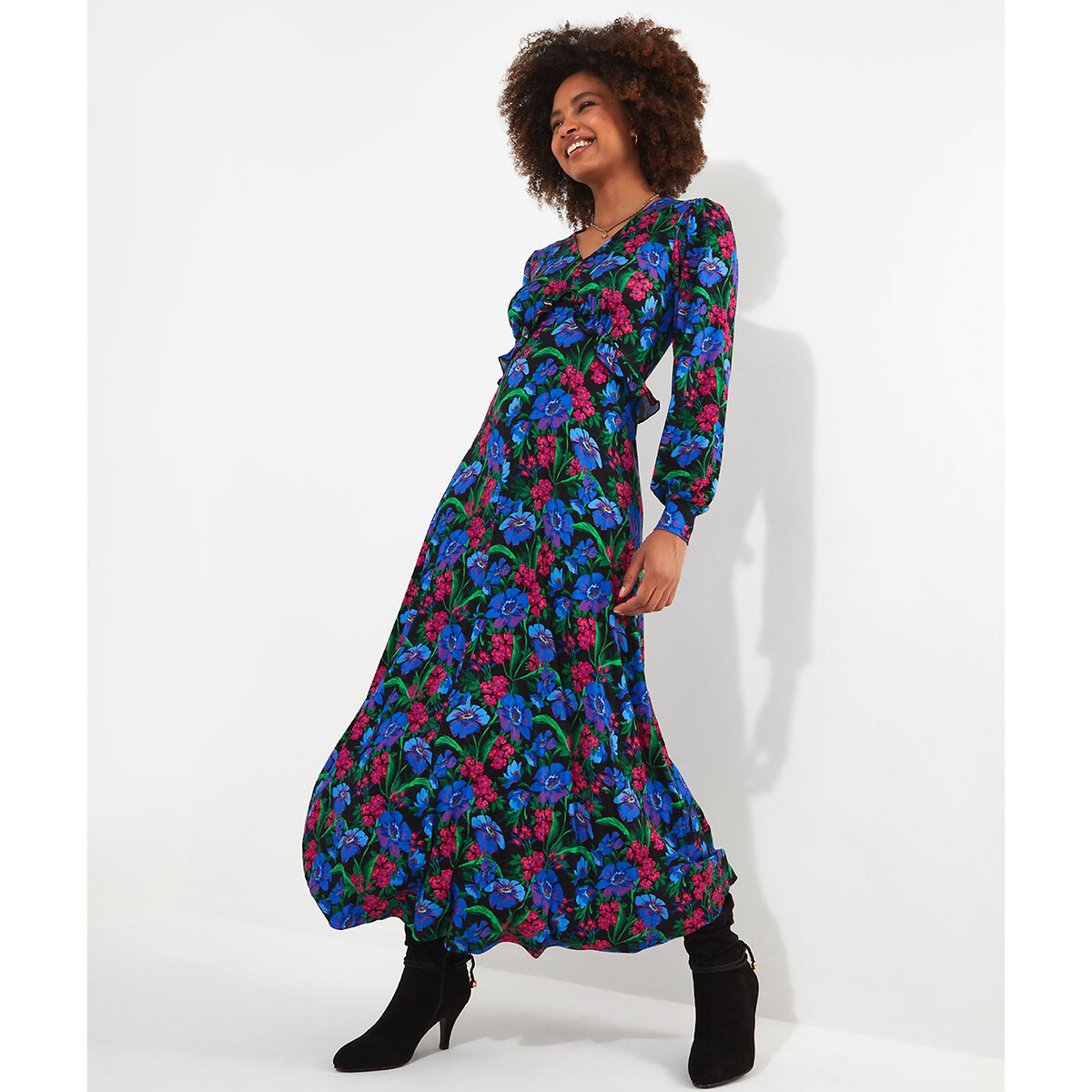Floral jersey maxi dress with puff sleeves and v neck blue Joe