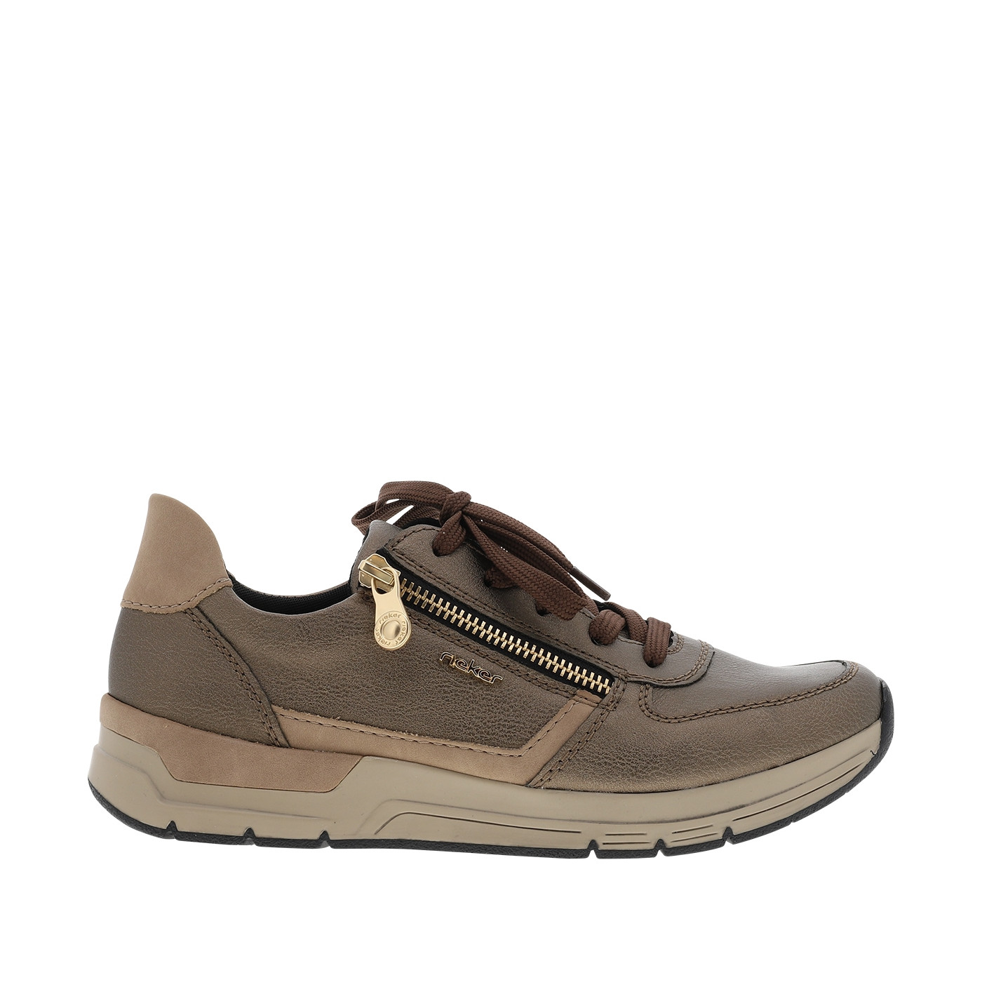Baskets running bronze à talon plat avec des lacets et un zip latéral, RIEKER
