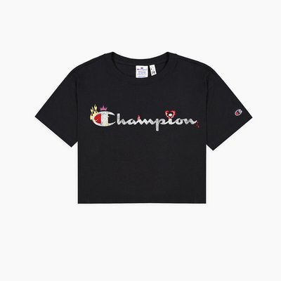 Cotton Cropped T-Shirt in Loose Fit with Logo Print CHAMPION