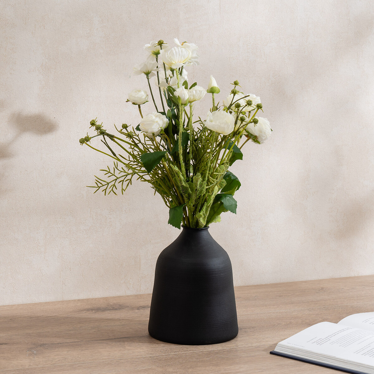 45cm Artificial White Poppy, Rose, and Cosmo Bouquet in Black Vase, SO'HOME
