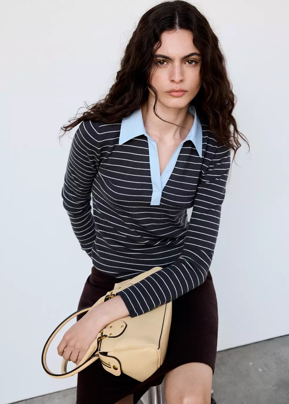 Pull-over cintré rayures col chemise, MANGO