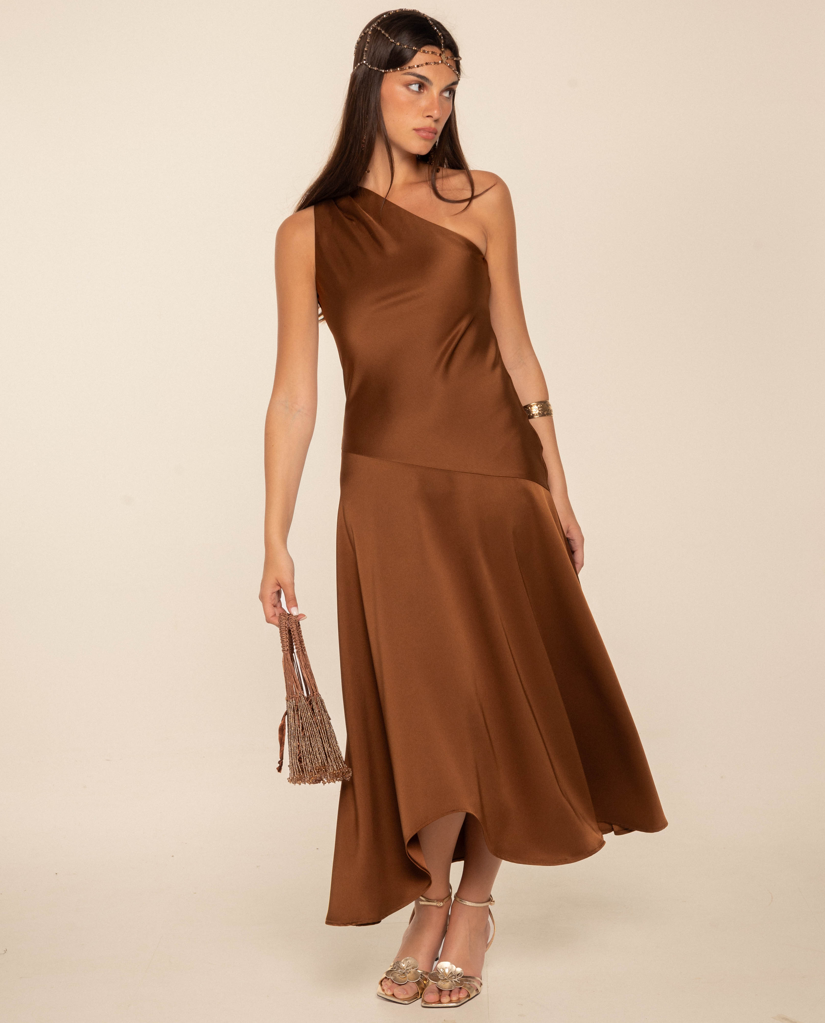 Robe midi couleur prune à décolleté asymétrique, THE-ARE