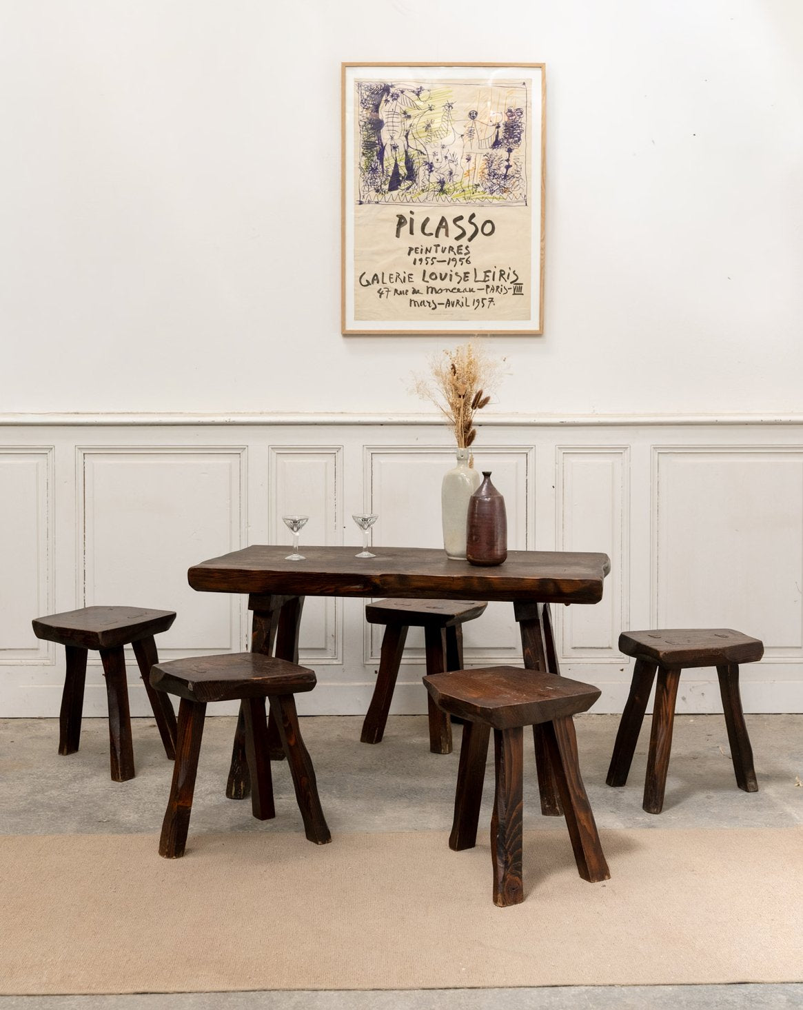 Table brutaliste et ses cinq tabourets Ange N°25 - Bon état, DEBONGOUT
