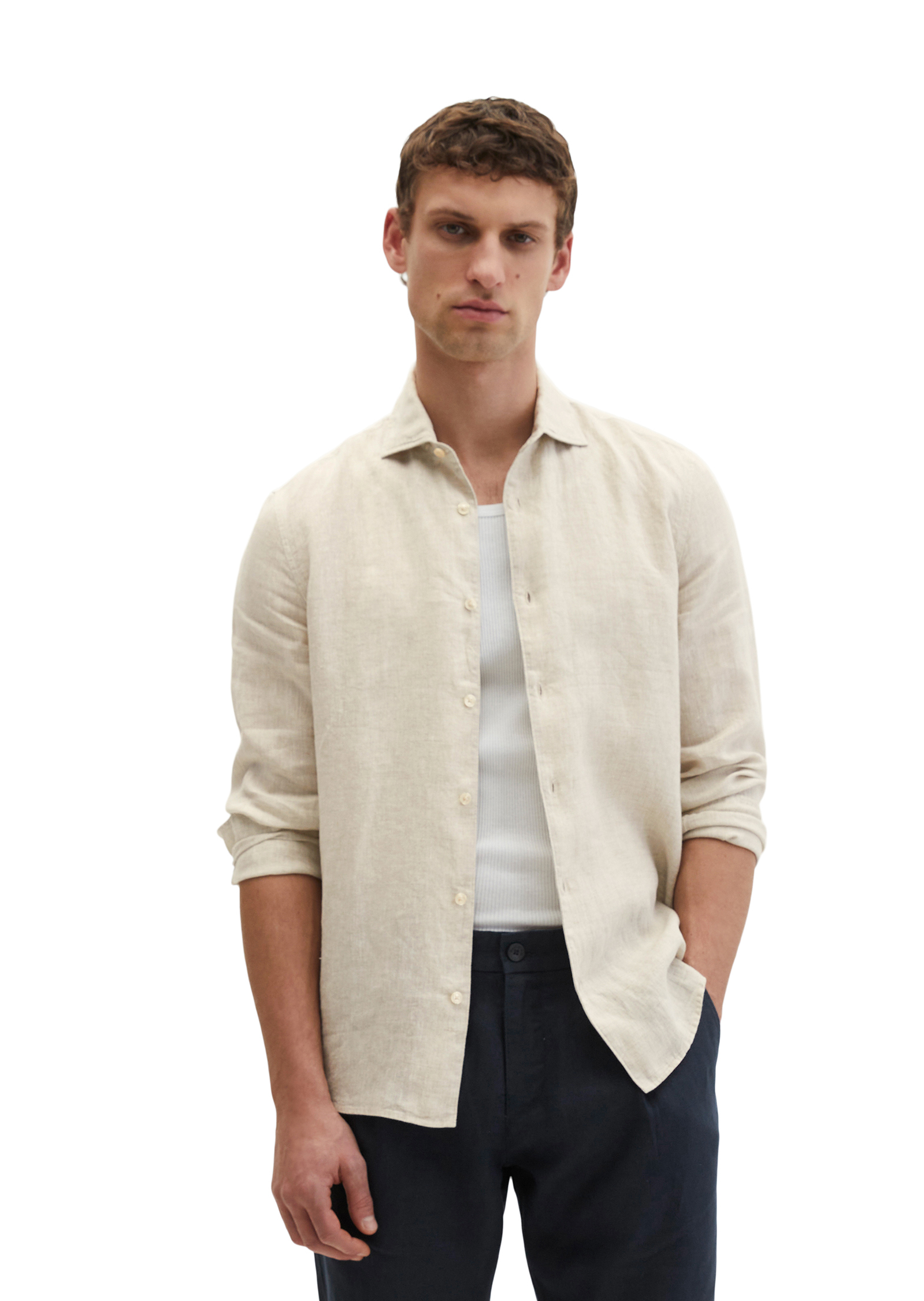 Chemise à col requin shaped en chambray de lin fin, MARC O'POLO
