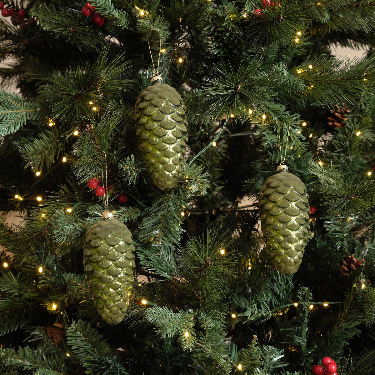 Set of 3 Green Pinecone Baubles, SO'HOME