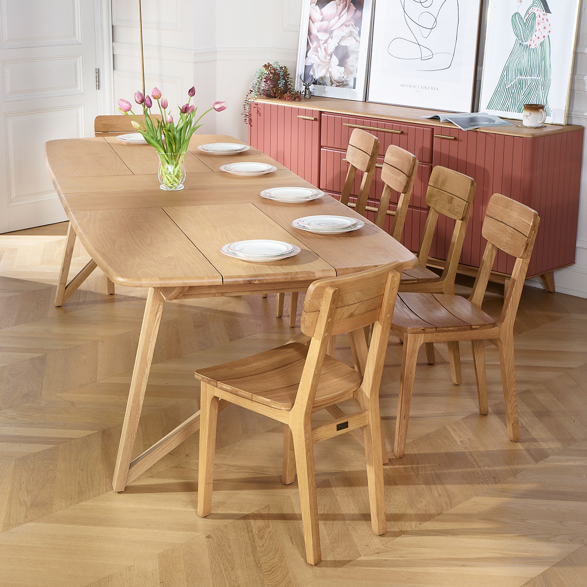 Table rectangulaire en chêne 2 rallonges 6/10 couverts LUCETTE, ROBIN DES BOIS