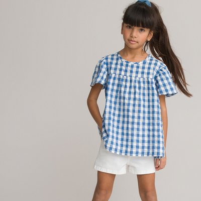 Checked Organic Cotton Blouse with Short Ruffled Sleeves LA REDOUTE COLLECTIONS